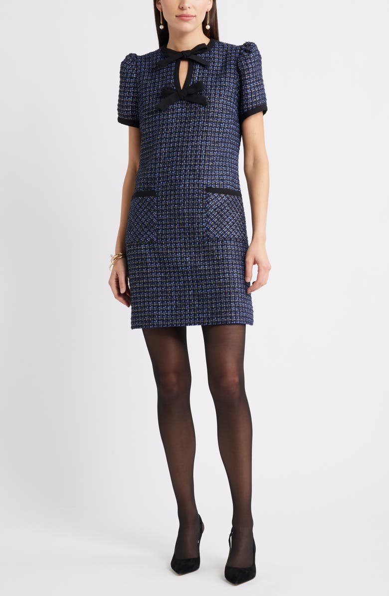 Caslon<sup>®</sup> Double Tie Neck Tweed Minidress, Main, color, Navy- Blue Tweed