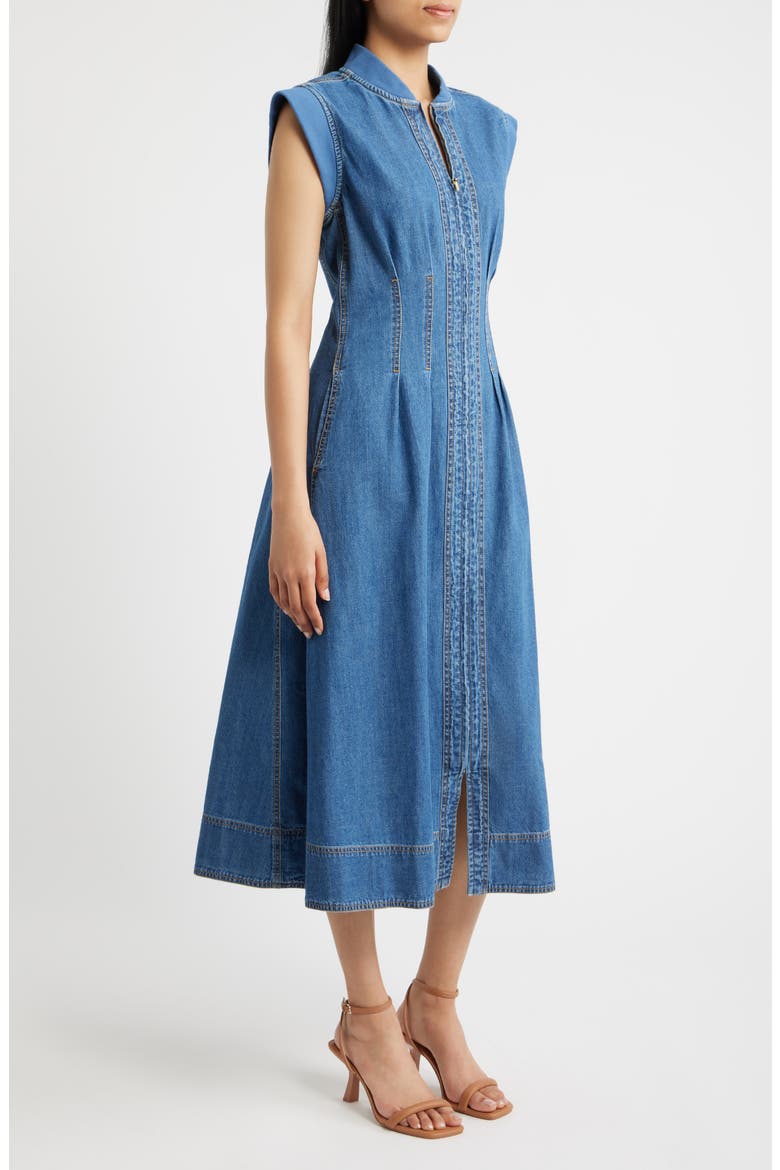 Pleated Denim Midi Dress, Alternate, color, MID BLUE