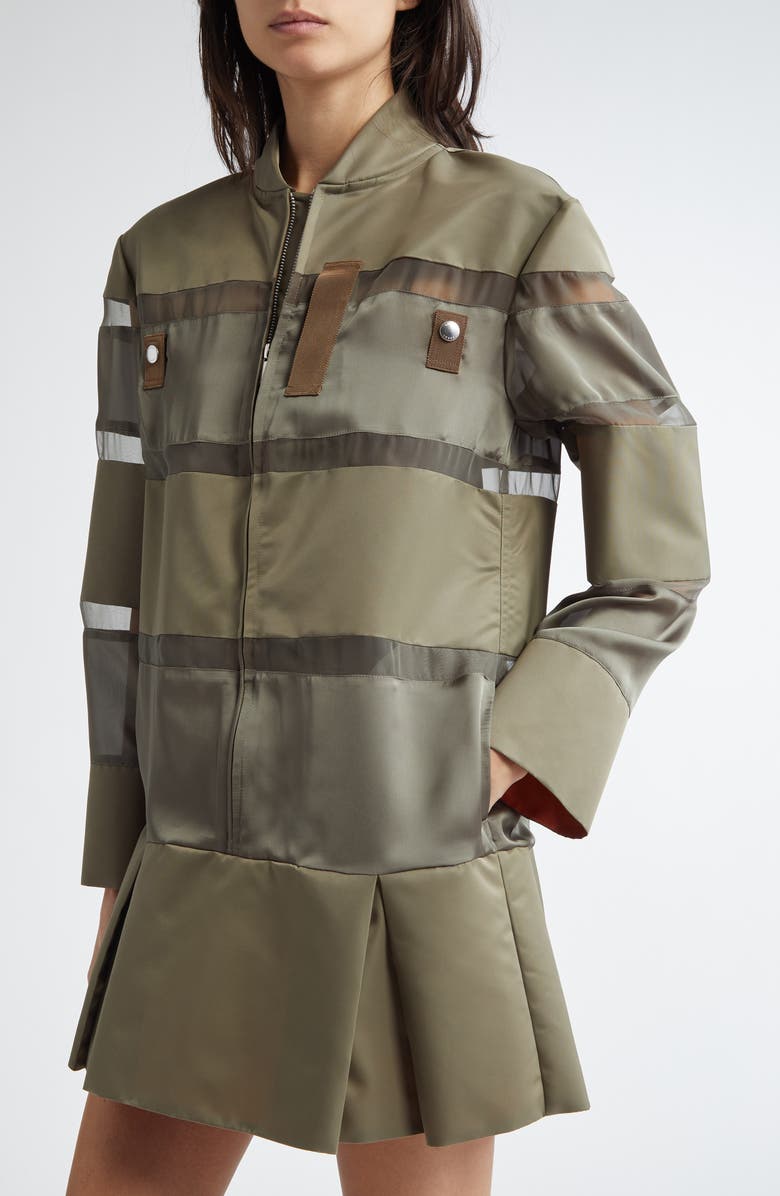 Sacai Long Sleeve Colorblock Stripe Mixed Media Bomber Dress, Alternate, color,