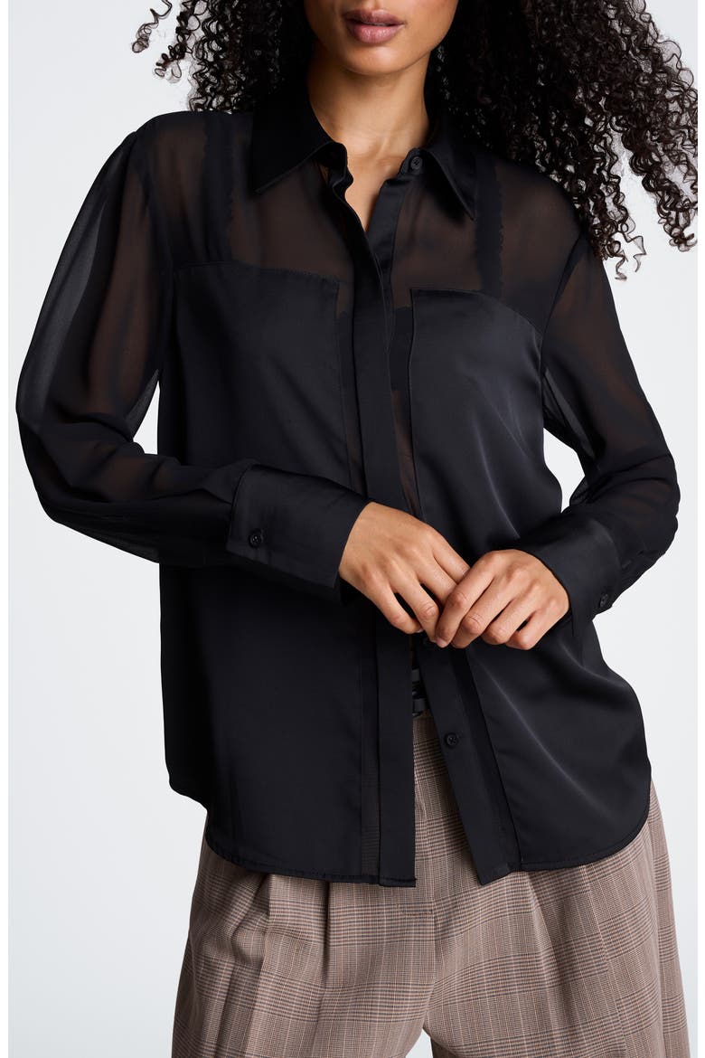Sheer Panel Long Sleeve Shirt, Main, color, BLACK