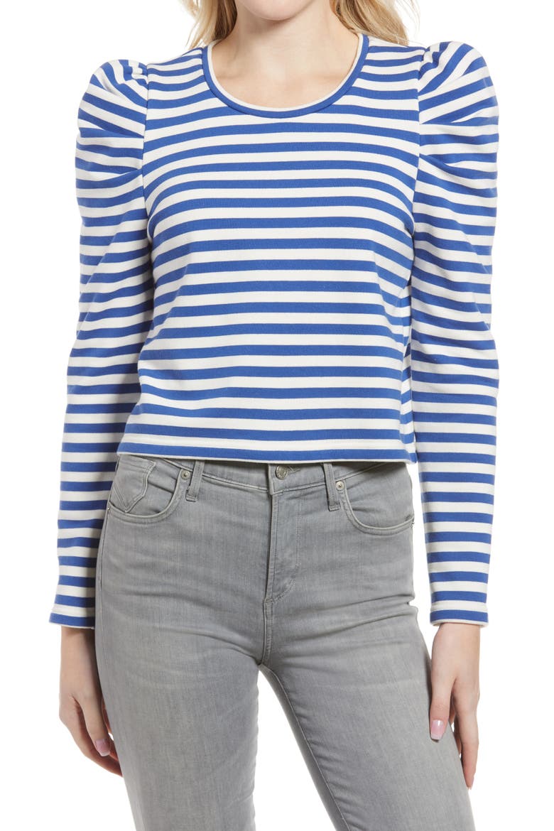 Talia Stripe Crop Puff Sleeve Cotton Sweatshirt, Main, color, FRENCH BLUE/ ECRU STRIPE