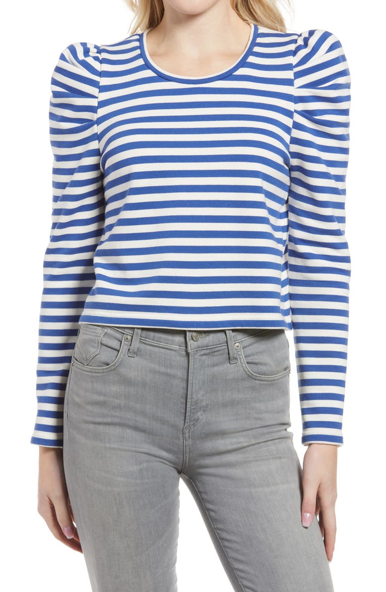 Rebecca Minkoff Talia Stripe Crop Puff Sleeve Cotton Sweatshirt, Main, color, 