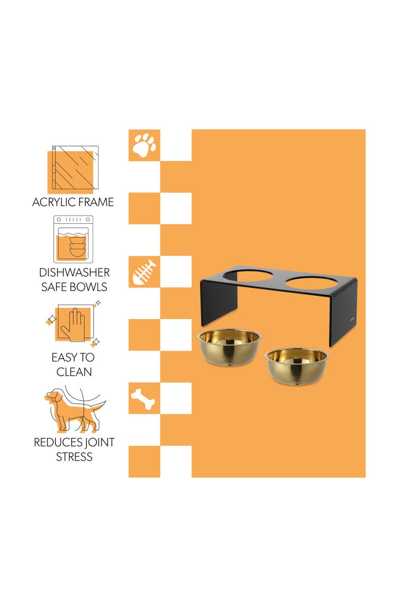 The Licker Store Keaton Modern Lucite Rectangular Elevated Pet Feeder with 2-Stainless Steel Bowls, Alternate, color, Black/Gold