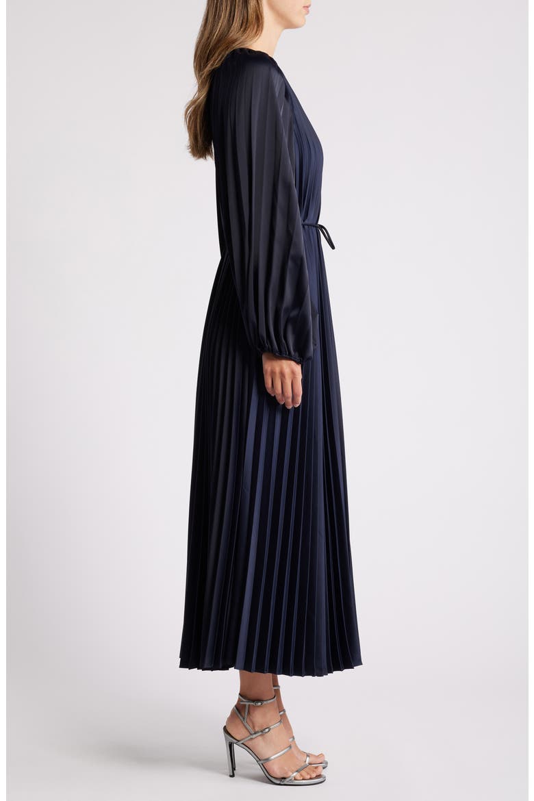 Pleated Long Sleeve Midi Dress, Alternate, color, NAVY