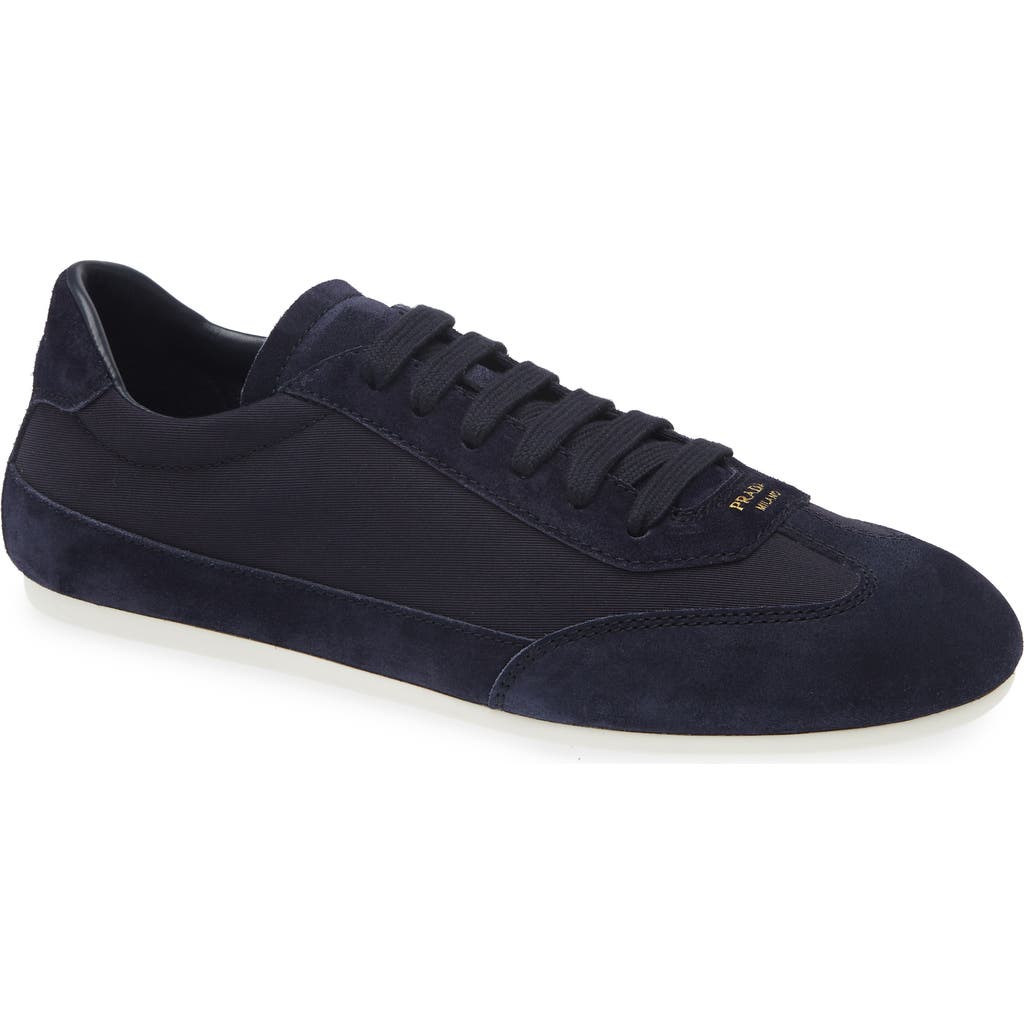 Prada Mixed Media Low Top Sneaker In Blue