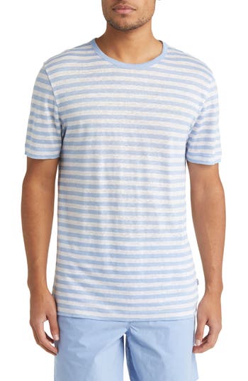 Hugo Boss Open Blue Pure Linen Horizontal Striped T Shirt In Open Blue