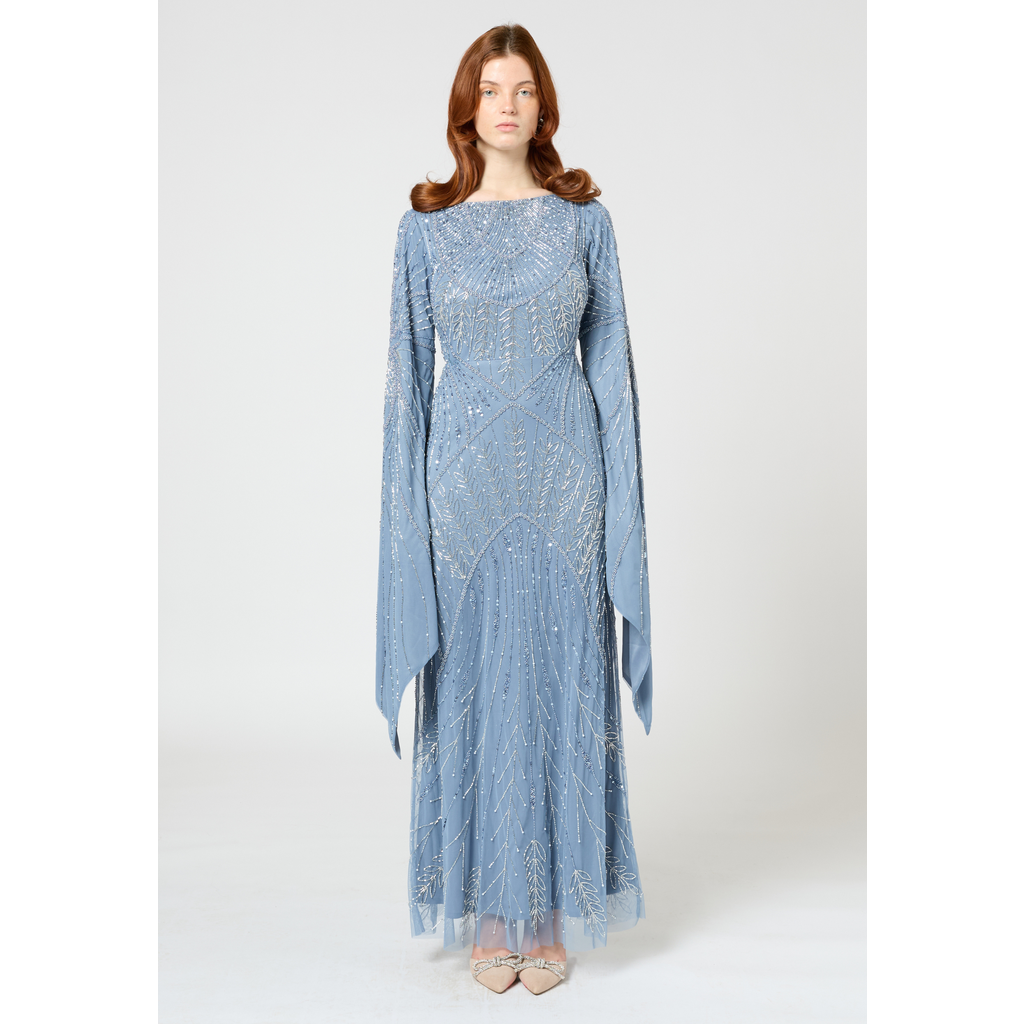 Maryisa Modest Embellished Sequin Beaded Maxi Dress With Long Sleeves