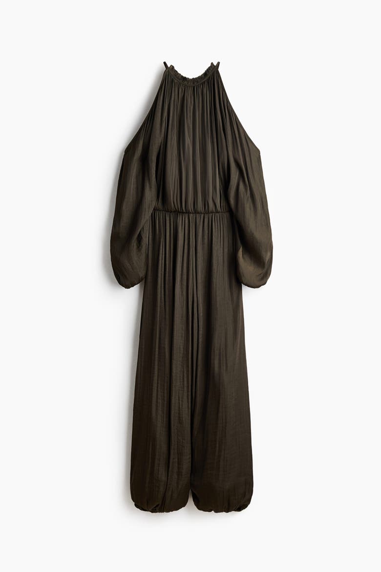 Open-shoulder Satin Jumpsuit, Alternate, color, Dark khaki green