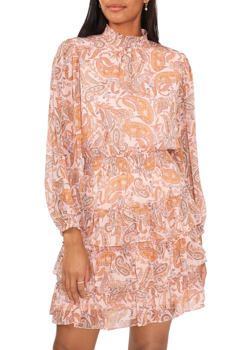 Paisley Smocked Long Sleeve Tiered Dress, Alternate, color, PEACH/ GREY/ CORAL