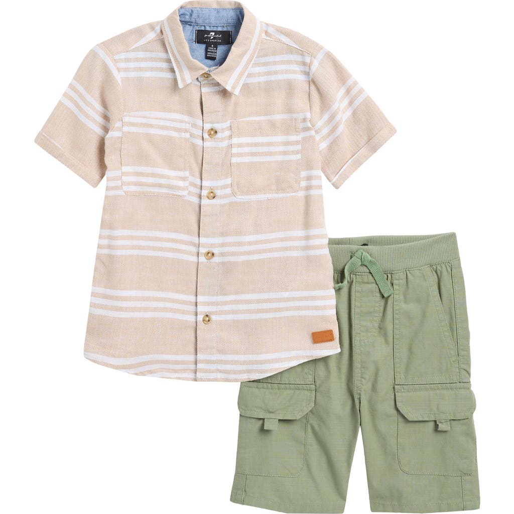 7 For All Mankind Kids' Cotton & Linen Twill Button-up Shirt & Shorts Set In Khaki