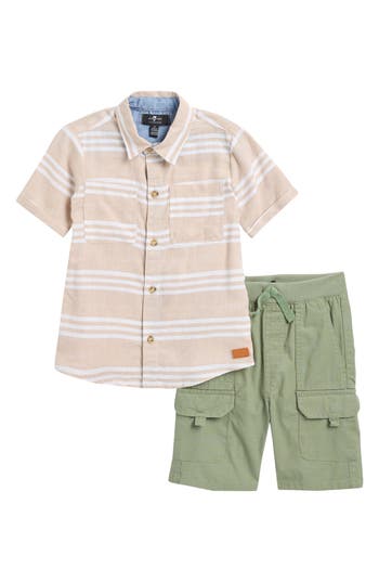 7 For All Mankind Kids' Cotton & Linen Twill Button-up Shirt & Shorts Set In Khaki