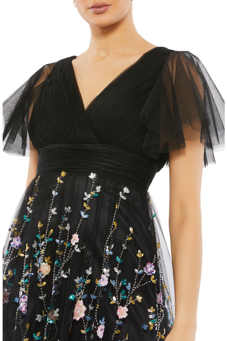 Embellished Illusion Butterfly Sleeve V Neck Gown, Alternate, color, BLACK MULTI