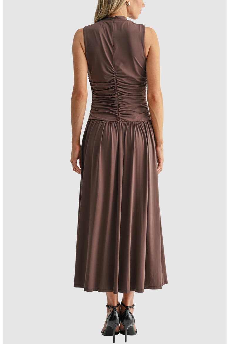 Ruched Mock Neck Drop Waist Fit & Flare Midi Dress, Alternate, color, BROWN