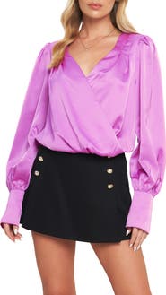 FLYING TOMATO Long Sleeve Surplice Woven Top