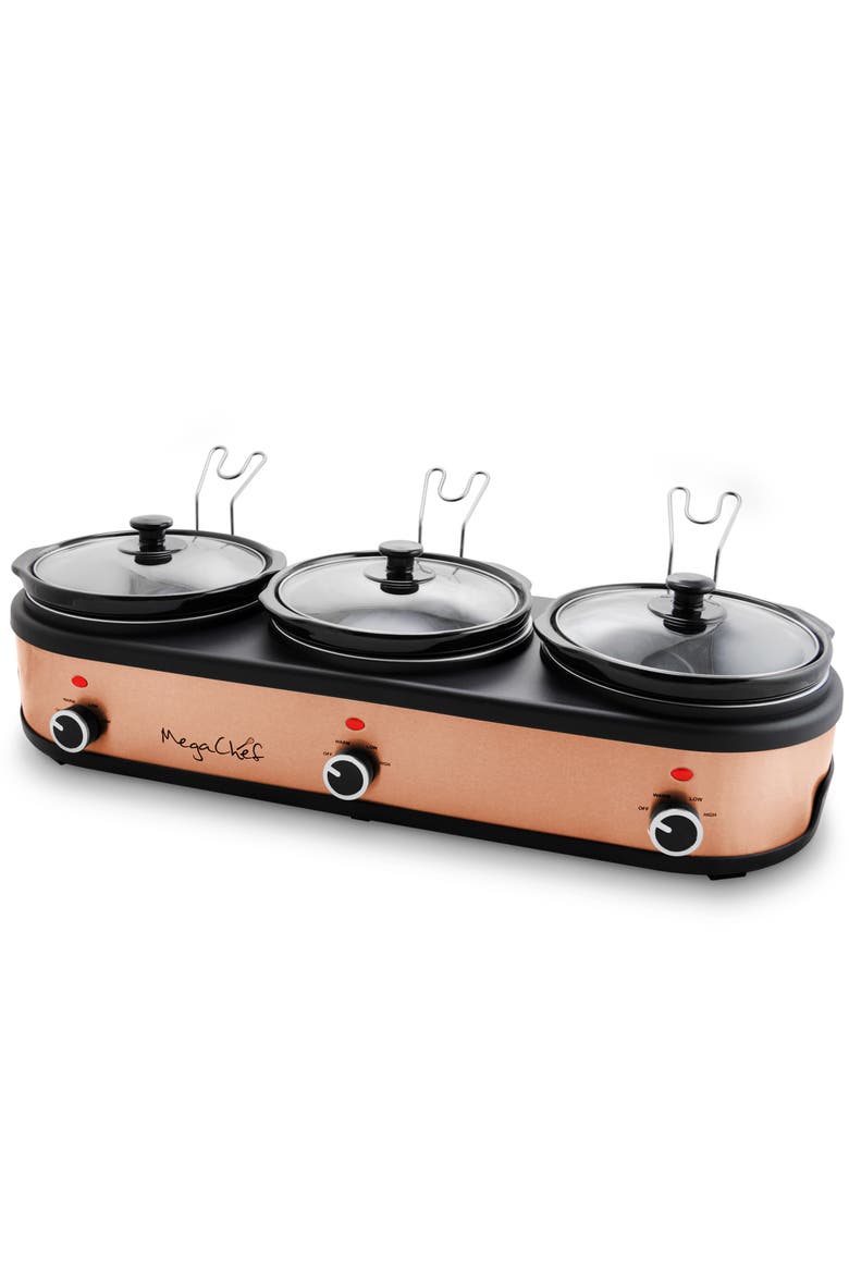 Triple 2.5 Quart Slow Cooker and Buffet Server in Brushed Copper and Black Finish with 3 Ceramic Cooking Pots and Removable Lid Rests, Alternate, color, Black