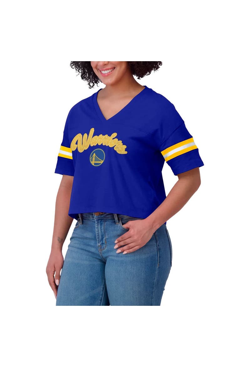 Women's WEAR by Erin Andrews Royal Golden State Warriors Plus Size Color Block Boxy V-Neck T-Shirt, Alternate, color, Royal