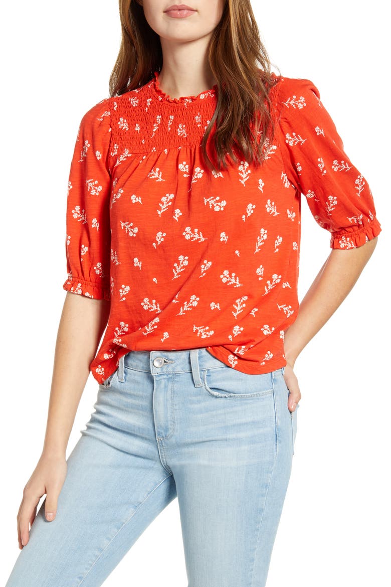 Smocked Yoke Top, Main, color, RED MULTI