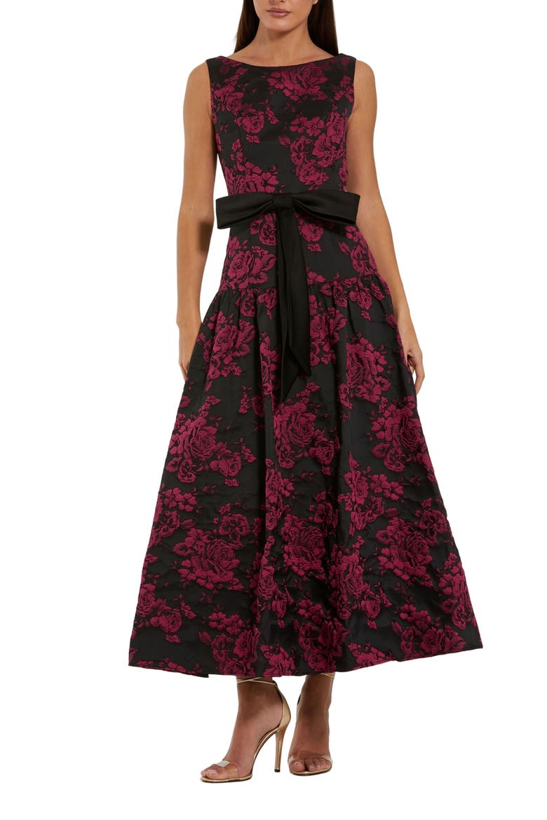 Women's Brocade Drop Waist Midi Dress With Satin Bow, Main, color, Magenta Multi