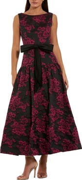 Mac Duggal Women's Brocade Drop Waist Midi Dress With Satin Bow