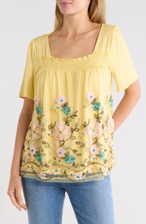 Embroidered Mesh Overlay Top