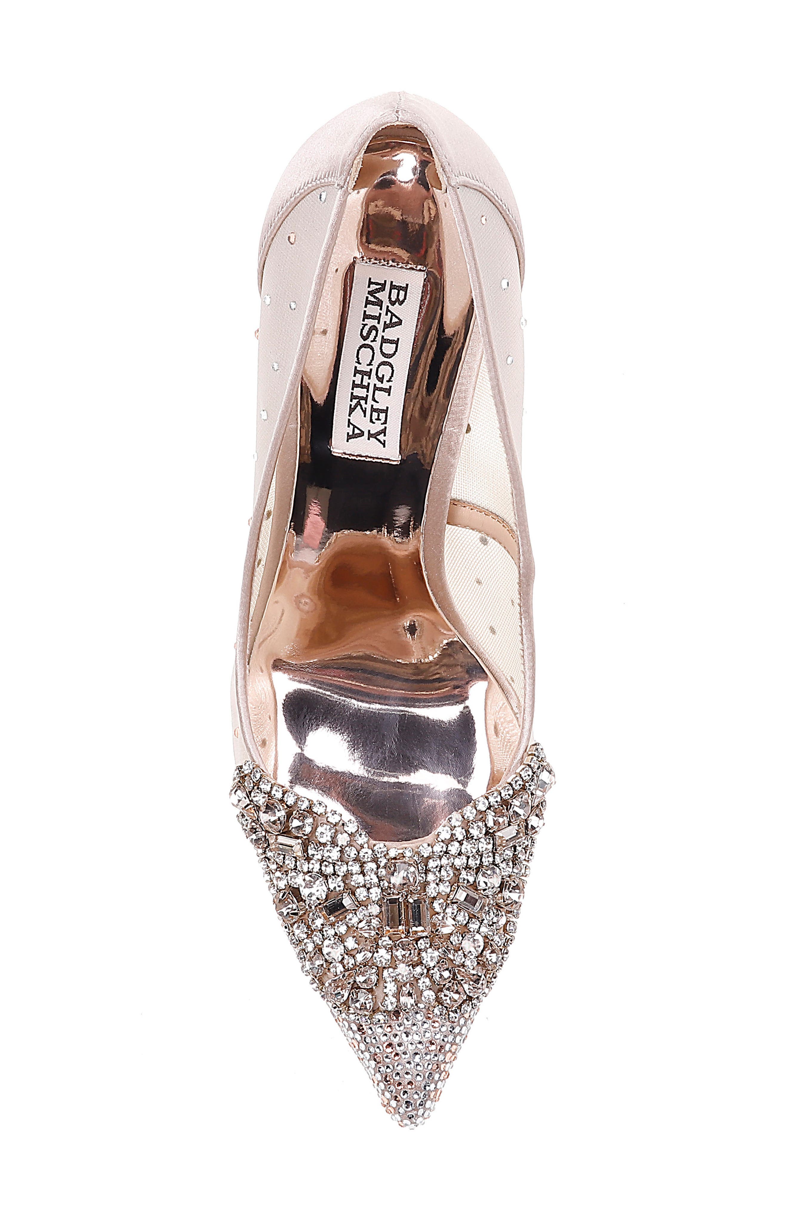 Quintana Crystal Embellished Pointed Toe Pump, Alternate, color, LATTE SATIN/ MESH