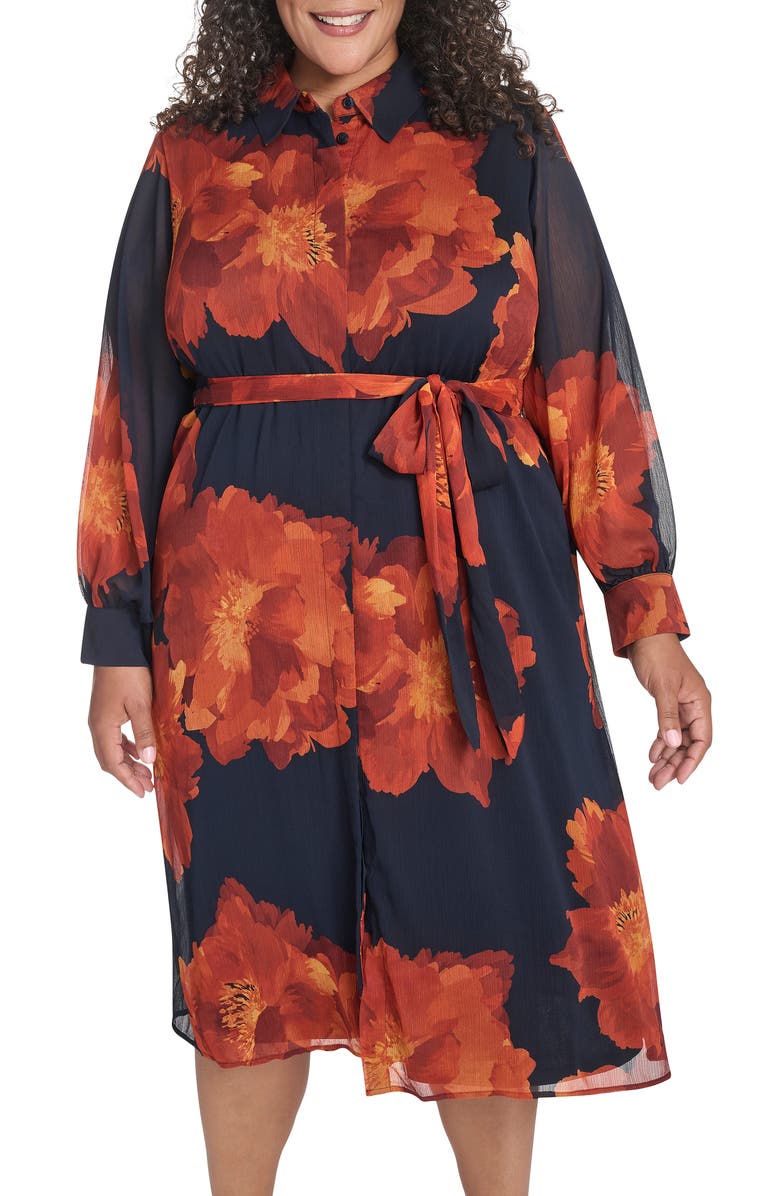 Calvin Klein Floral Chiffon Shirtdress, Main, color, Indigo Multi