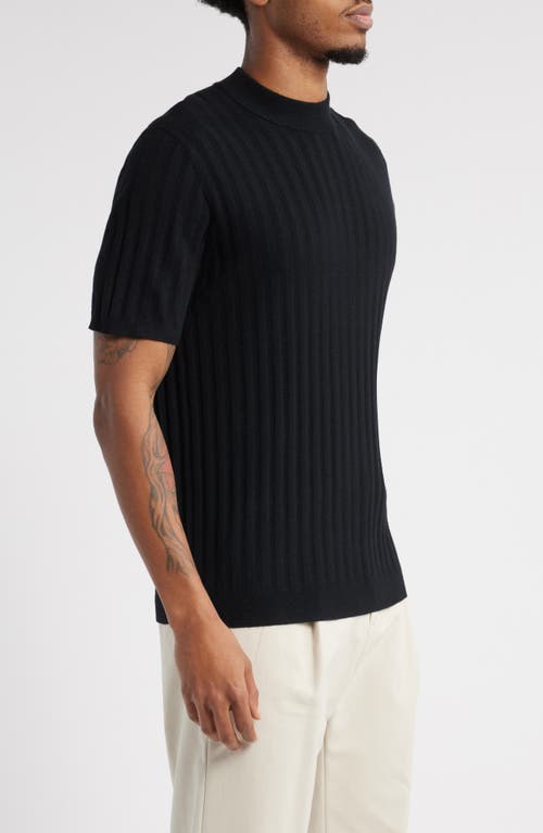 Open Edit Ribbed Short Sleeve Mock Neck Sweater In Black Caviar