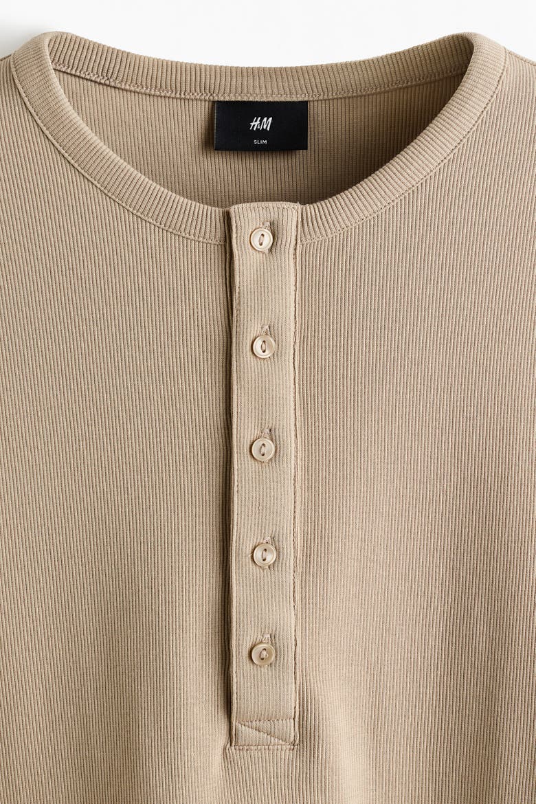 Slim-fit Ribbed Henley Shirt, Alternate, color, Beige