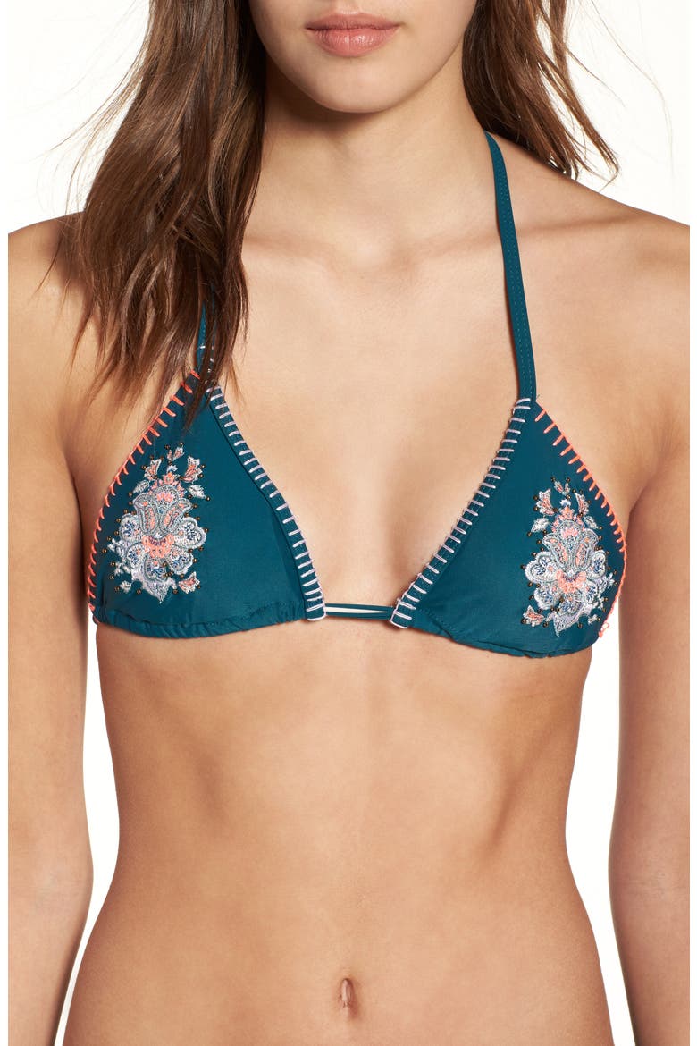 Floral Embroidered Stud Triangle Bikini Top, Main, color, GREEN MULTI