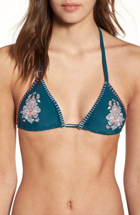 Floral Embroidered Stud Triangle Bikini Top