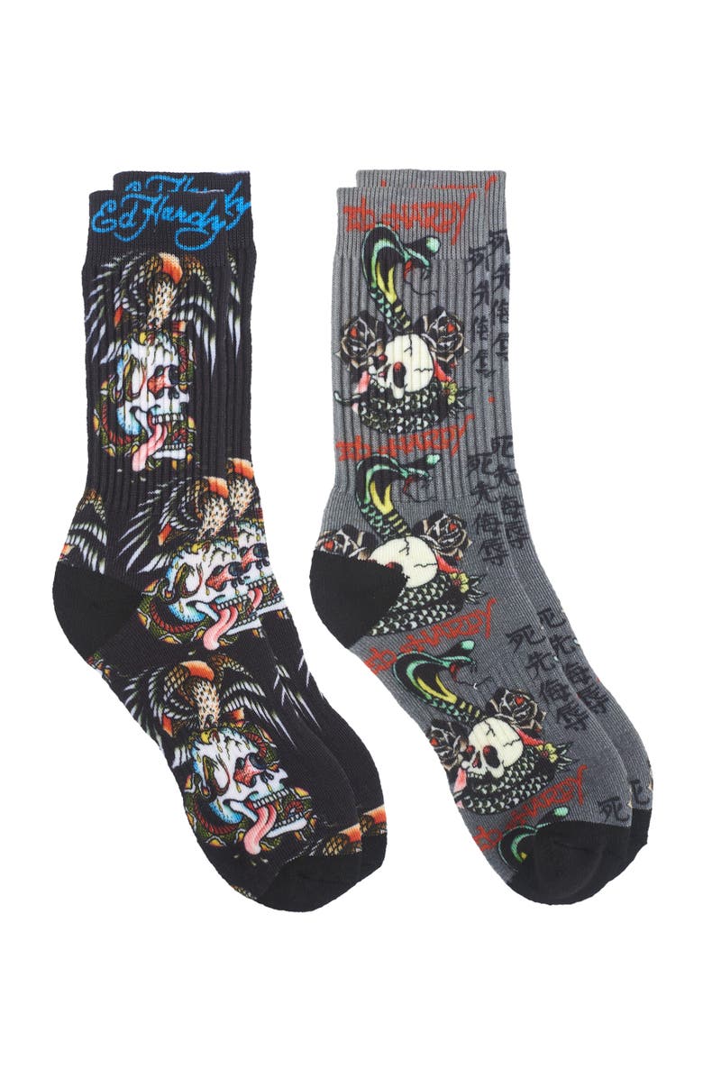 Ed Hardy Skull 360 Print Full Cushion Crew Sock 2-Pack, Alternate, color, Black