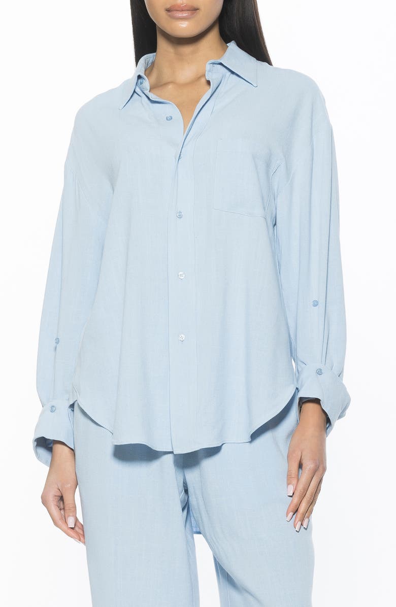 Alexia Admor Amber Oversize Linen & Cotton Button-Up Shirt, Main, color, Blue