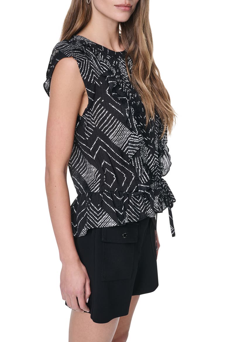 Print Flange Sleeve Ruffle Front Top, Alternate, color, GEO DIAMOND POINTELLE