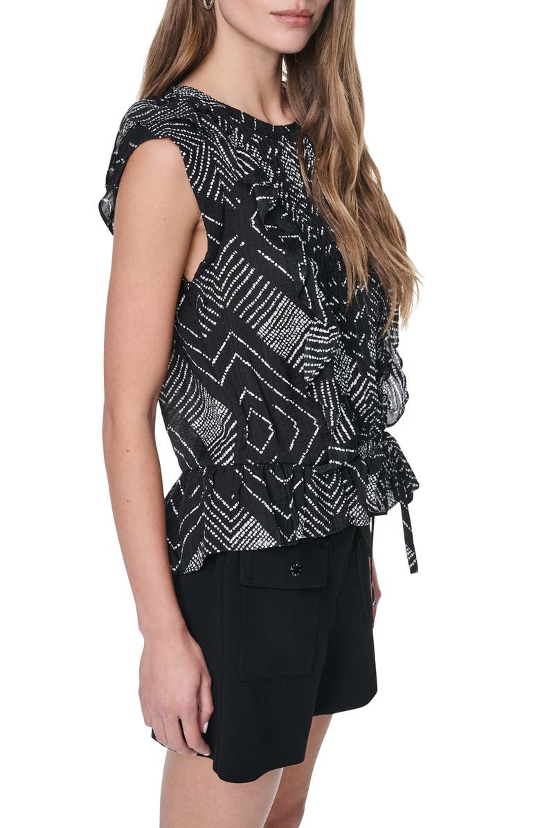 DKNY Print Flange Sleeve Ruffle Front Top, Alternate, color, Geo Diamond Pointelle