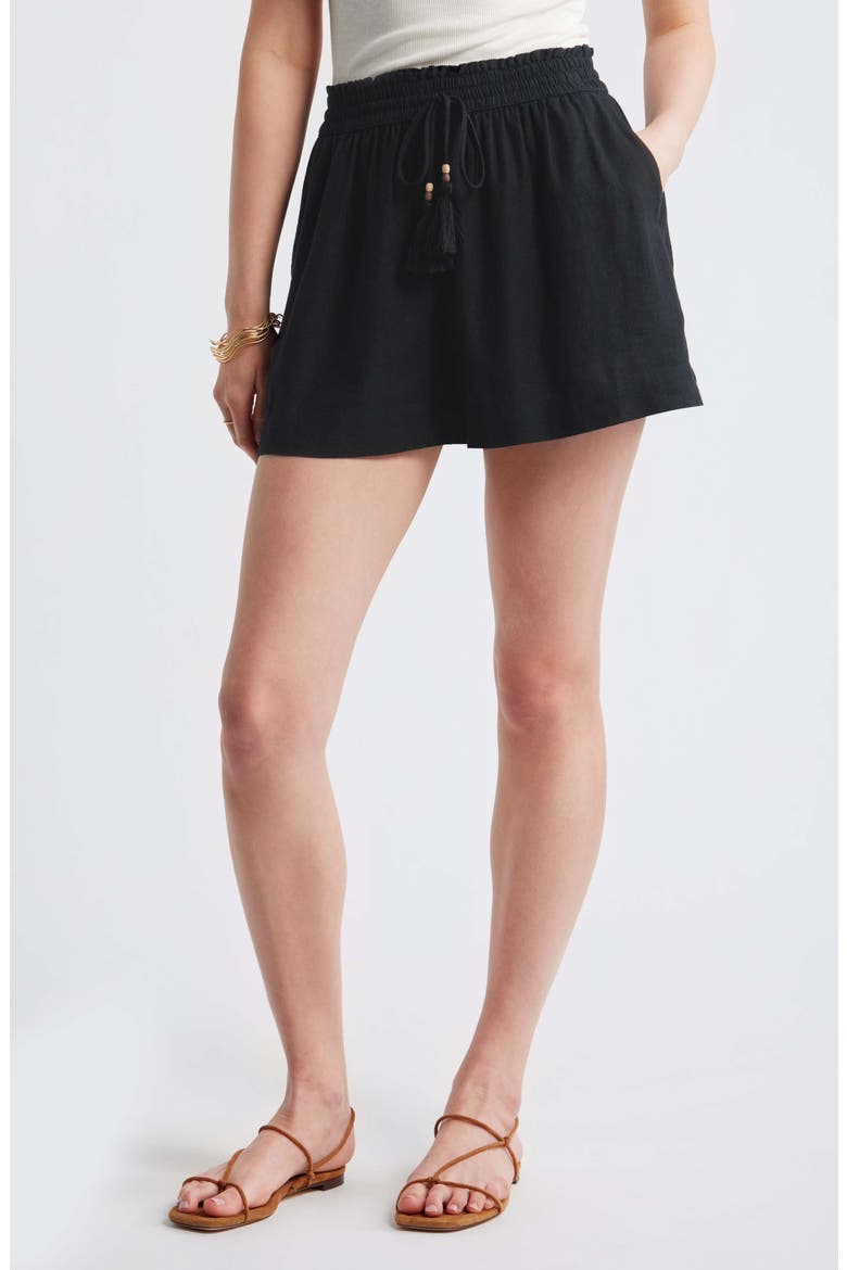 Beaded Tassel Linen Blend Shorts, Main, color, BLACK