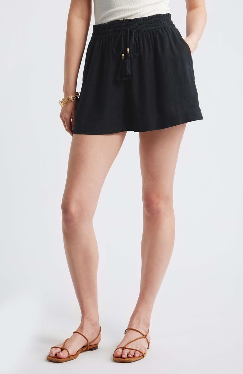 Treasure & Bond Beaded Tassel Linen Blend Shorts, Main, color, Black