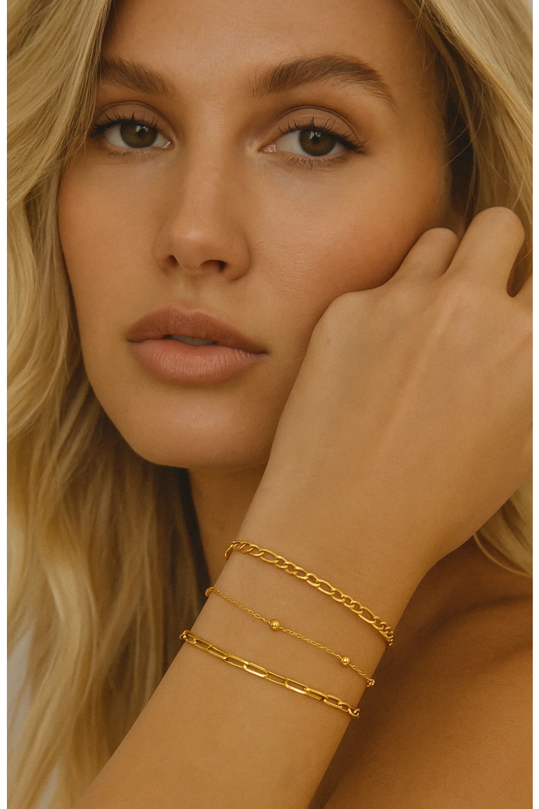 Adriana 3-Piece Stackable Bracelet Trio Set, Beaded, Figaro, Paperclip Link, Alternate, color, Gold