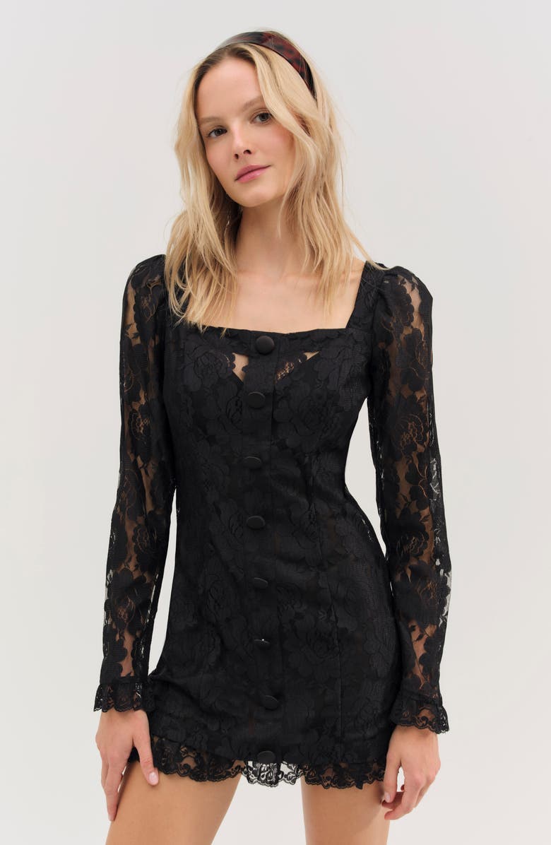 For Love & Lemons Claudia Rose Lace Long Sleeve Minidress, Alternate, color, Black