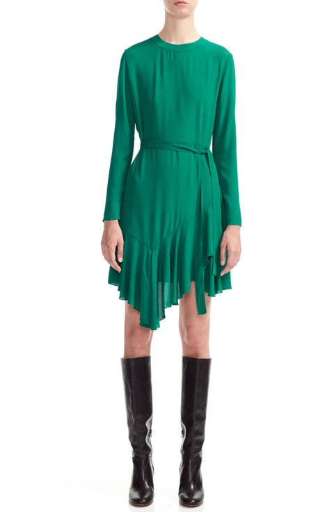 Romea Asymmetrical Ruffle Hem Long Sleeve Dress