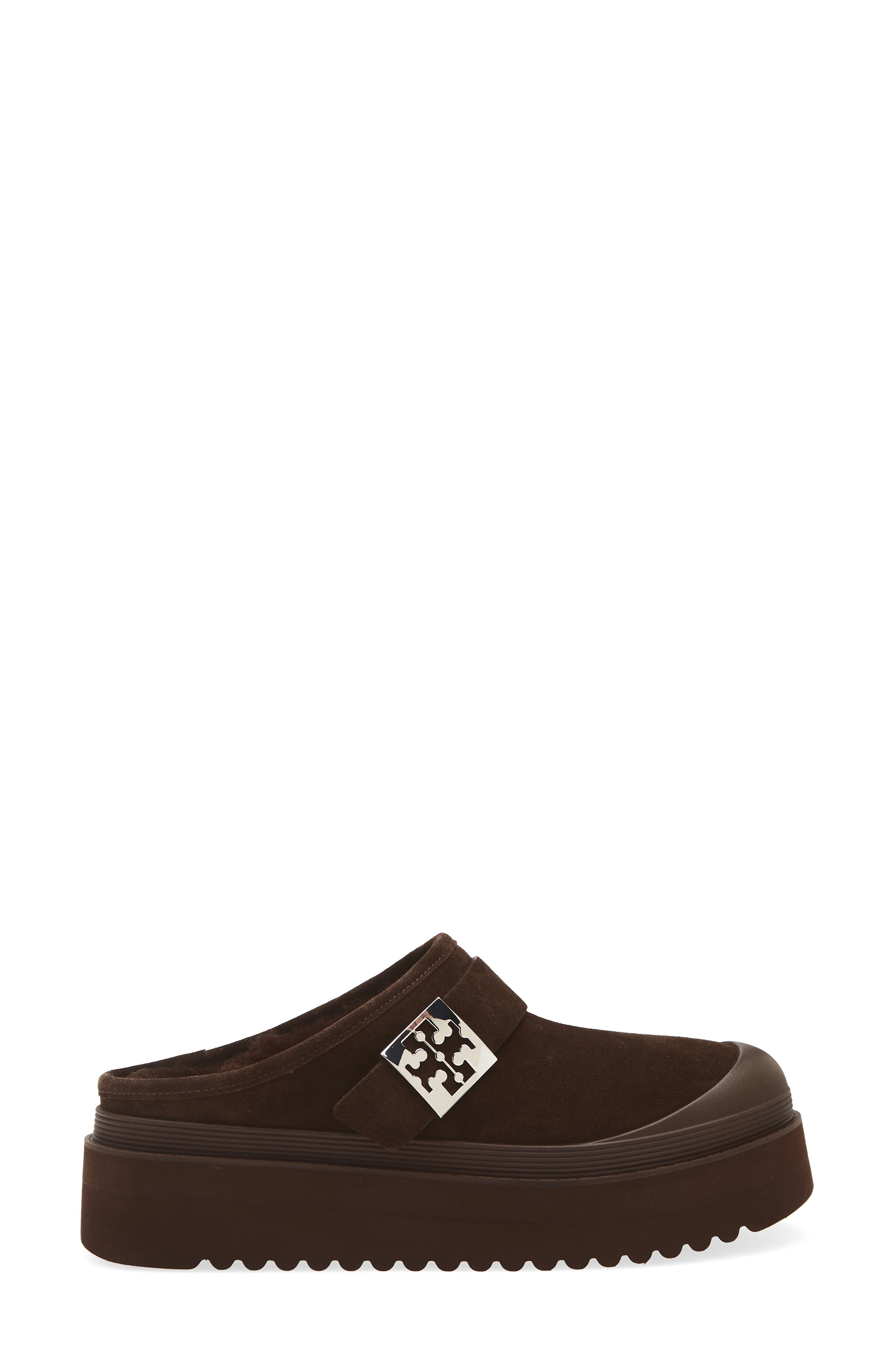 Tory Burch Genuine Shearling Platform Mule, Alternate, color, Dark Cocoa / Silver