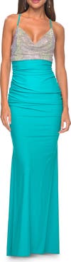 La Femme Neon Ruched Jersey Dress with Rhinestone Mesh Draped Top