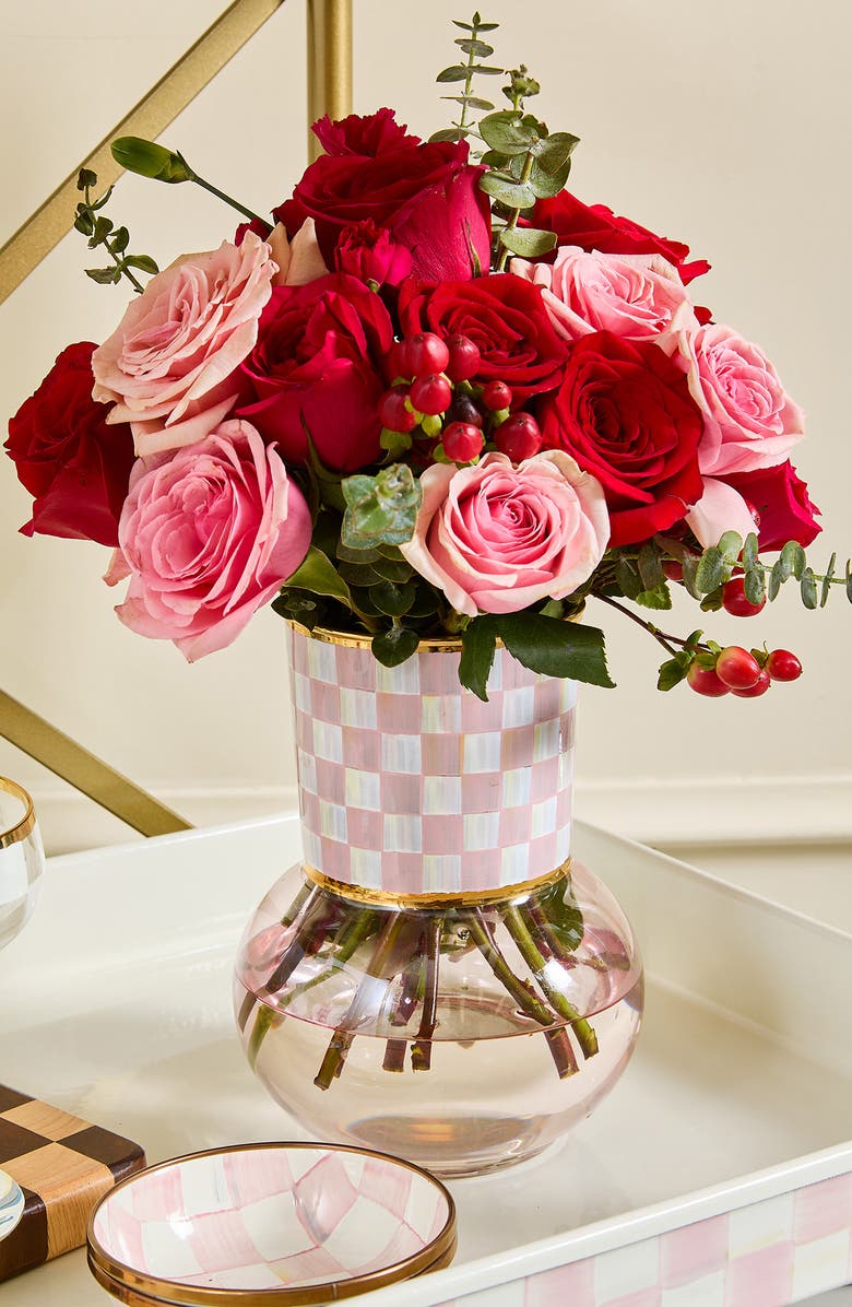 MACKENZIE CHILDS Rosy Check Glass Vase, Alternate, color, Rosy