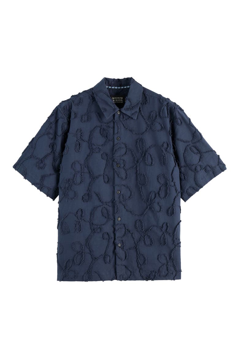 Oversize Textured Short Sleeve Cotton Blend Button-Up Shirt, Alternate, color, SKY CAPTAIN