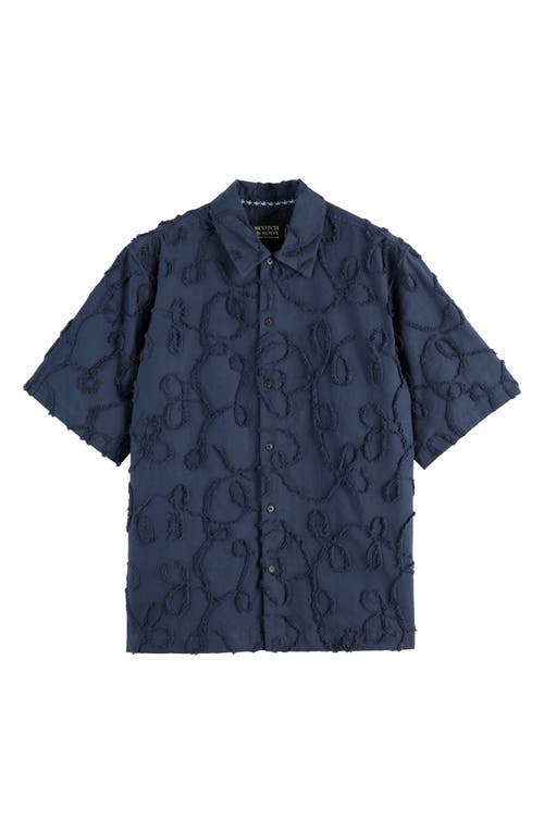 Scotch & Soda Oversize Textured Short Sleeve Cotton Blend Button-up Shirt In Blue