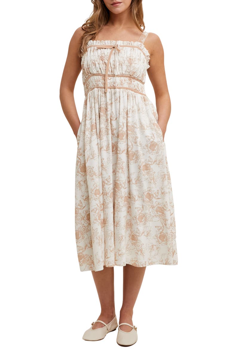 WISHLIST Floral Ruched Midi Dress, Main, color, Taupe/ White