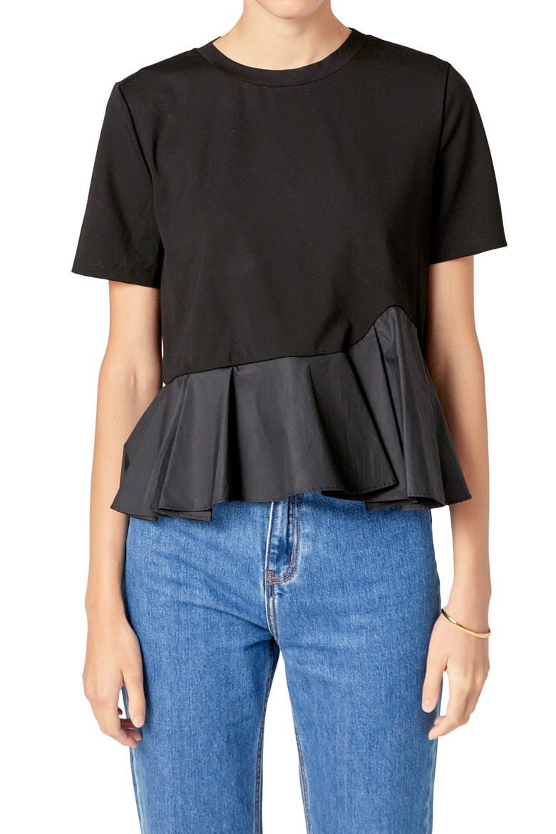 Mixed Media Ruffle Top, Alternate, color, BLACK