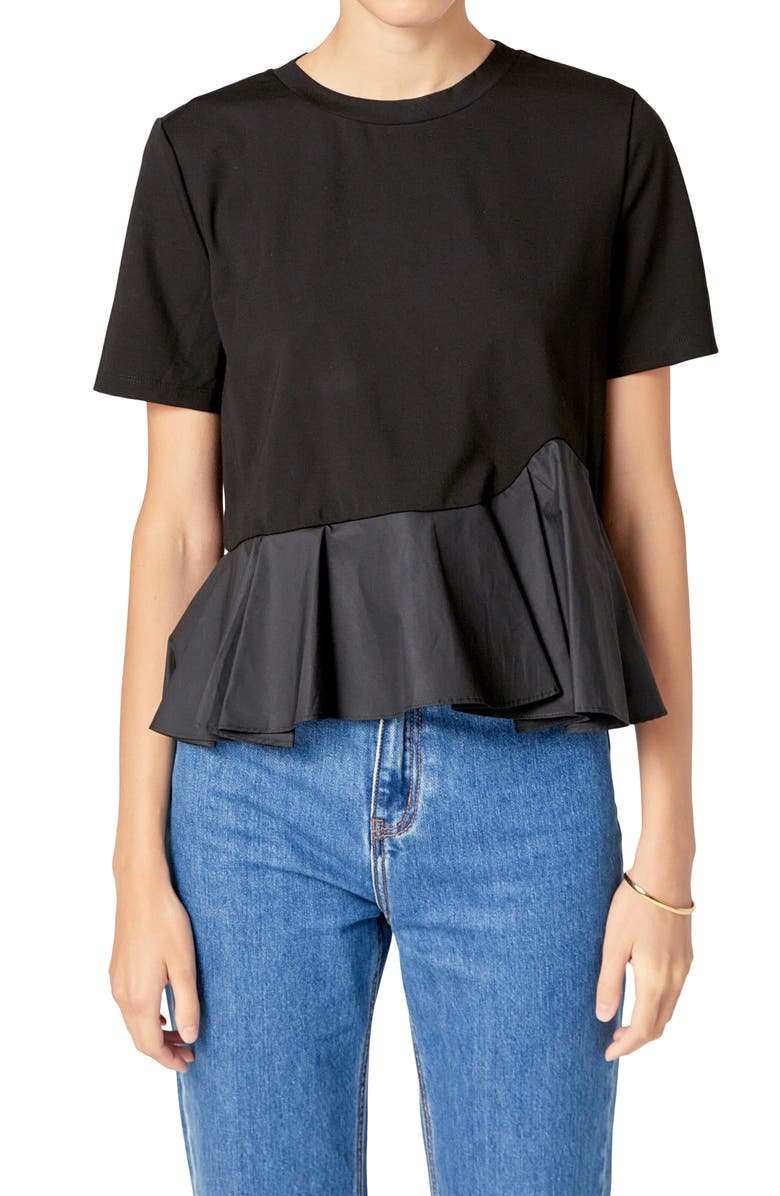 English Factory Mixed Media Ruffle Top, Alternate, color, Black