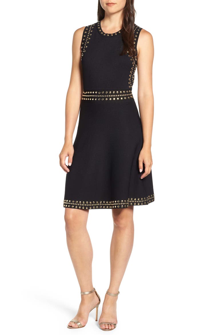Studded Fit & Flare Dress, Main, color, BLACK/ GOLD