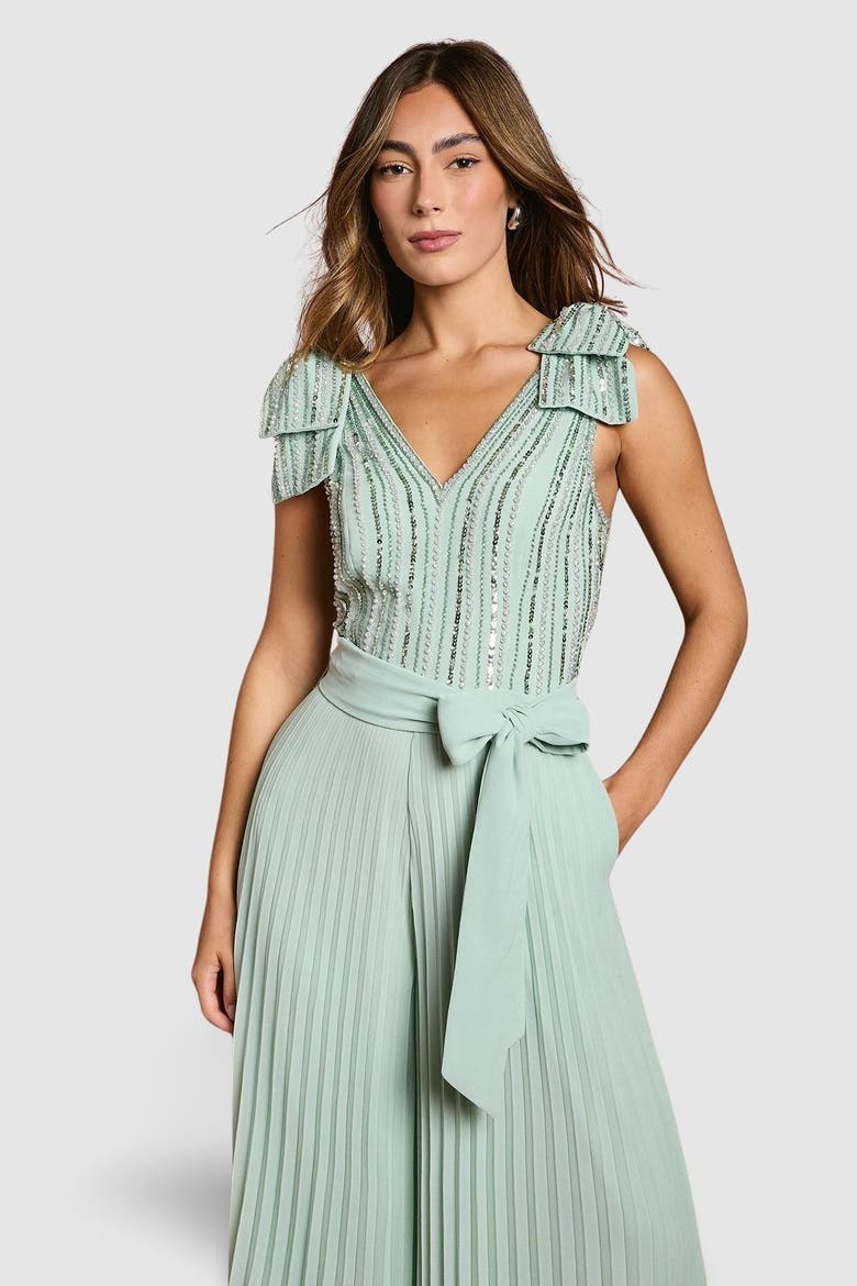 Embellished Bow Shoulder Jumpsuit, Alternate, color, Sage