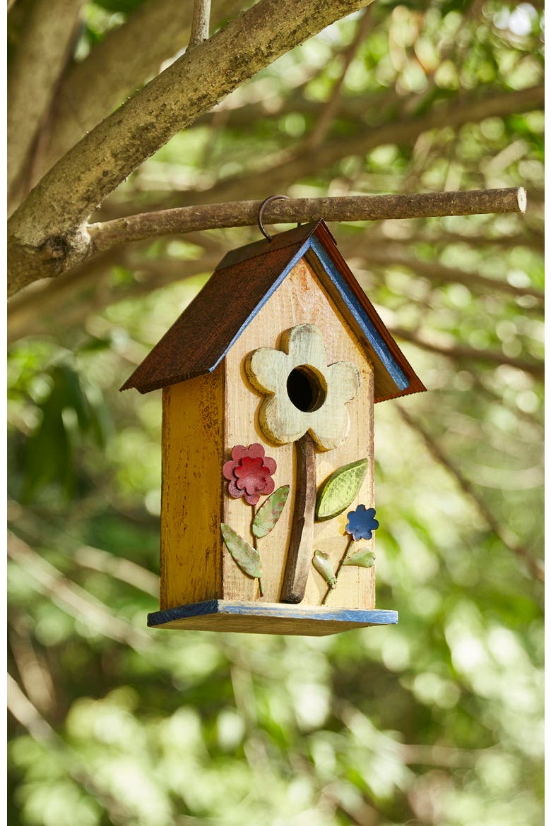 10"H Multicolor Cute Distressed Solid Wood Birdhouse with 3D Flowers, Alternate, color, Yellow